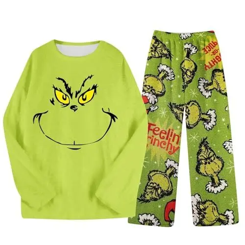 Produktbild: 𝑮𝒓𝒊𝒏𝒄𝒉 Weihnachts Pyjama Partner Pyjama Christmas Weihnachts Pyjama Damen Weihnachts Schlafanzug Damen Langarm Karierte Schlafhose Damen Pyjama Damen Kuschelig Silk Pyjama Weihnachts Türkis 2XL